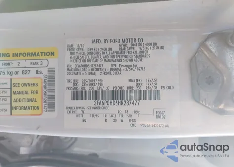 2017 Ford Fusion Se z USA, uszkodzony, nr VIN 3FA6P0HD5HR287477